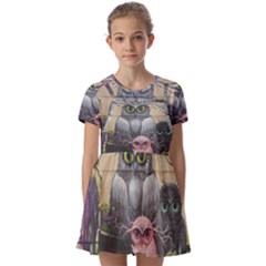 Graffiti Owl Design Kids  Short Sleeve Pinafore Style Dress