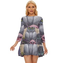 Graffiti Owl Design Long Sleeve Babydoll Dress