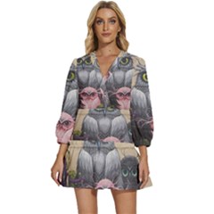 Graffiti Owl Design V-Neck Placket Mini Dress