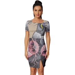 Graffiti Owl Design Fitted Knot Split End Bodycon Dress by Excel