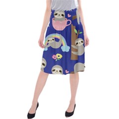 Hand-drawn-cute-sloth-pattern-background Midi Beach Skirt by Simbadda