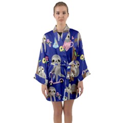 Hand-drawn-cute-sloth-pattern-background Long Sleeve Satin Kimono