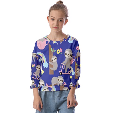 Hand-drawn-cute-sloth-pattern-background Kids  Cuff Sleeve Top by Simbadda