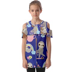 Hand-drawn-cute-sloth-pattern-background Fold Over Open Sleeve Top