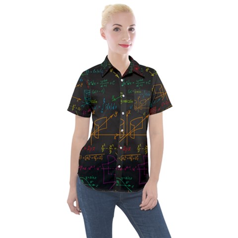 Mathematical-colorful-formulas-drawn-by-hand-black-chalkboard Women s Short Sleeve Pocket Shirt by Simbadda