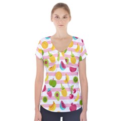 Tropical-fruits-berries-seamless-pattern Short Sleeve Front Detail Top by Simbadda