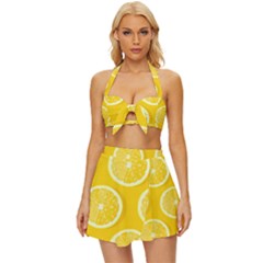 Lemon-fruits-slice-seamless-pattern Vintage Style Bikini Top And Skirt Set 