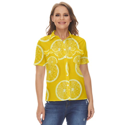 Lemon-fruits-slice-seamless-pattern Women s Short Sleeve Double Pocket Shirt by Simbadda