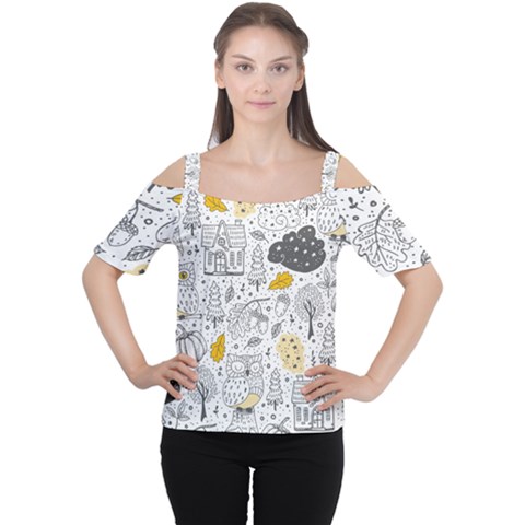 Doodle-seamless-pattern-with-autumn-elements Cutout Shoulder Tee by Simbadda