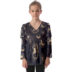 Asian-seamless-pattern-with-clouds-moon-sun-stars-vector-collection-oriental-chinese-japanese-korean Kids  V Neck Casual Top by Simbadda