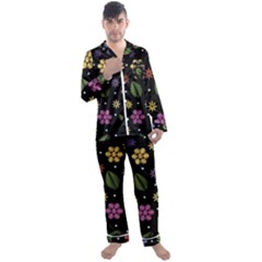 Embroidery-seamless-pattern-with-flowers Men s Long Sleeve Satin Pajamas Set