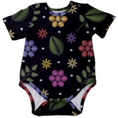 Embroidery-seamless-pattern-with-flowers Baby Short Sleeve Bodysuit by Simbadda