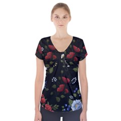 Floral-folk-fashion-ornamental-embroidery-pattern Short Sleeve Front Detail Top by Simbadda