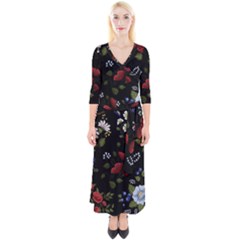 Floral-folk-fashion-ornamental-embroidery-pattern Quarter Sleeve Wrap Maxi Dress by Simbadda