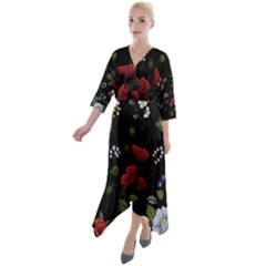 Floral-folk-fashion-ornamental-embroidery-pattern Quarter Sleeve Wrap Front Maxi Dress by Simbadda