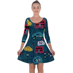 Seamless-pattern-hand-drawn-with-vehicles-buildings-road Quarter Sleeve Skater Dress by Simbadda