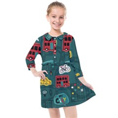 Seamless-pattern-hand-drawn-with-vehicles-buildings-road Kids  Quarter Sleeve Shirt Dress by Simbadda