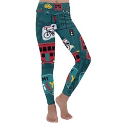 Seamless-pattern-hand-drawn-with-vehicles-buildings-road Kids  Lightweight Velour Classic Yoga Leggings by Simbadda