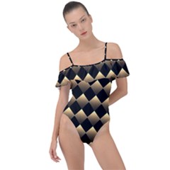 Golden-chess-board-background Frill Detail One Piece Swimsuit by Simbadda