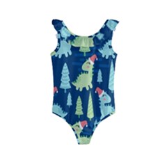 Cute-dinosaurs-animal-seamless-pattern-doodle-dino-winter-theme Kids  Frill Swimsuit by Simbadda