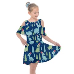 Cute-dinosaurs-animal-seamless-pattern-doodle-dino-winter-theme Kids  Shoulder Cutout Chiffon Dress by Simbadda