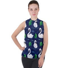 Swan-pattern-elegant-design Mock Neck Chiffon Sleeveless Top