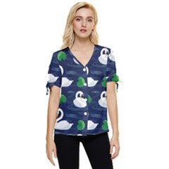 Swan-pattern-elegant-design Bow Sleeve Button Up Top