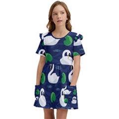 Swan-pattern-elegant-design Kids  Frilly Sleeves Pocket Dress