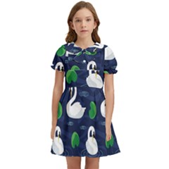 Swan-pattern-elegant-design Kids  Bow Tie Puff Sleeve Dress