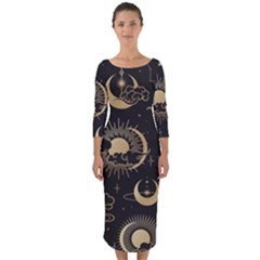 Asian Seamless Pattern With Clouds Moon Sun Stars Vector Collection Oriental Chinese Japanese Korean Quarter Sleeve Midi Bodycon Dress