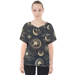 Asian Seamless Pattern With Clouds Moon Sun Stars Vector Collection Oriental Chinese Japanese Korean V-neck Dolman Drape Top