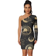 Asian Seamless Pattern With Clouds Moon Sun Stars Vector Collection Oriental Chinese Japanese Korean Long Sleeve One Shoulder Mini Dress by Grandong