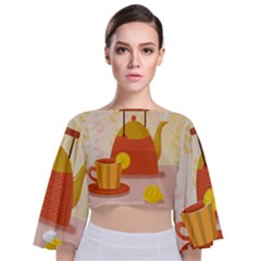 Tea Pot Cup Drawing Tie Back Butterfly Sleeve Chiffon Top