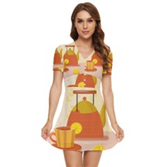 Tea Pot Cup Drawing V-neck High Waist Chiffon Mini Dress by Grandong