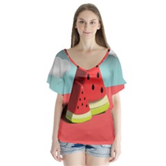 Strawberries Fruit V-neck Flutter Sleeve Top by Grandong