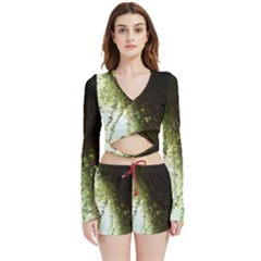 Branch Plant Shrub Green Natural Velvet Wrap Crop Top And Shorts Set by Grandong