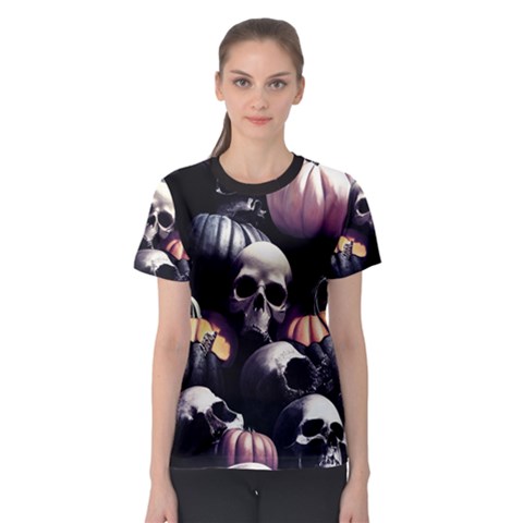 Halloween Party Skulls, Demonic Pumpkins Pattern Women s Sport Mesh Tee by Casemiro