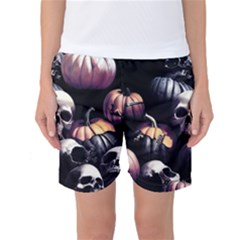 Halloween Party Skulls, Demonic Pumpkins Pattern Women s Basketball Shorts