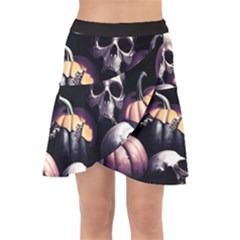 Halloween Party Skulls, Demonic Pumpkins Pattern Wrap Front Skirt by Casemiro