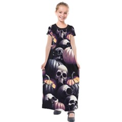 Halloween Party Skulls, Demonic Pumpkins Pattern Kids  Short Sleeve Maxi Dress by Casemiro