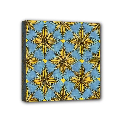 Gold abstract flowers pattern at blue background Mini Canvas 4  x 4  (Stretched)