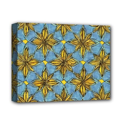 Gold abstract flowers pattern at blue background Deluxe Canvas 14  x 11  (Stretched)