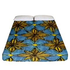 Gold abstract flowers pattern at blue background Fitted Sheet (King Size)