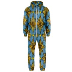 Gold abstract flowers pattern at blue background Hooded Jumpsuit (Men)