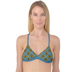 Gold Abstract Flowers Pattern At Blue Background Reversible Tri Bikini Top by Casemiro