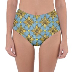 Gold Abstract Flowers Pattern At Blue Background Reversible High-waist Bikini Bottoms by Casemiro