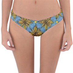 Gold Abstract Flowers Pattern At Blue Background Reversible Hipster Bikini Bottoms by Casemiro