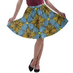 Gold abstract flowers pattern at blue background A-line Skater Skirt