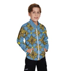 Gold abstract flowers pattern at blue background Kids  Windbreaker