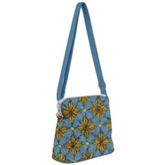 Gold Abstract Flowers Pattern At Blue Background Zipper Messenger Bag by Casemiro